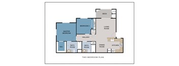 A diagram of a two bedroom apartment layout.