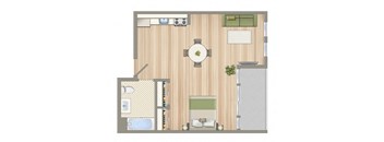 A floor plan of a small apartment with a kitchen, living room, and bathroom.
