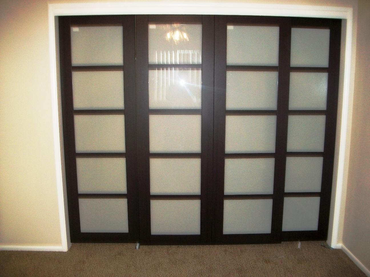 a closet with glass doors in a living room