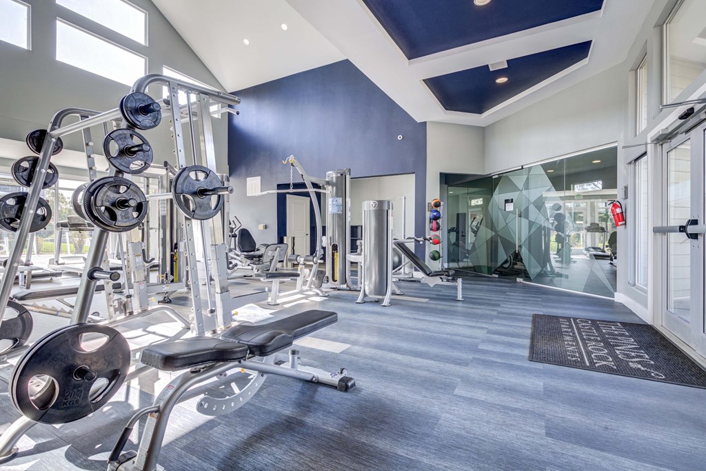 A gym with a variety of equipment including dumbbells and weight machines.