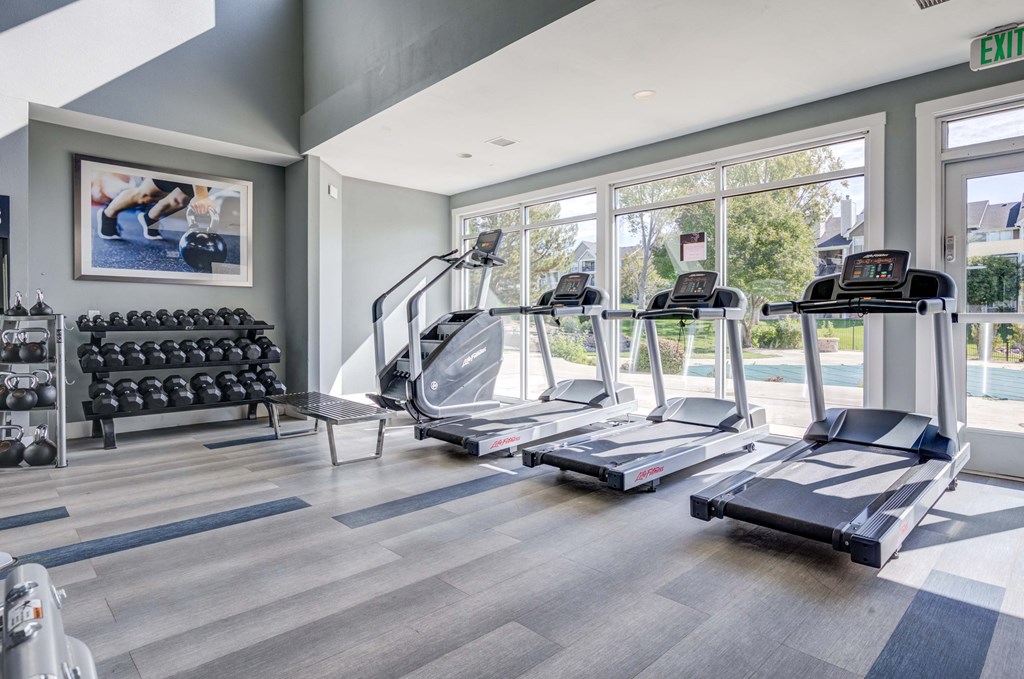 A gym with treadmills, weights, and a painting of a person exercising.