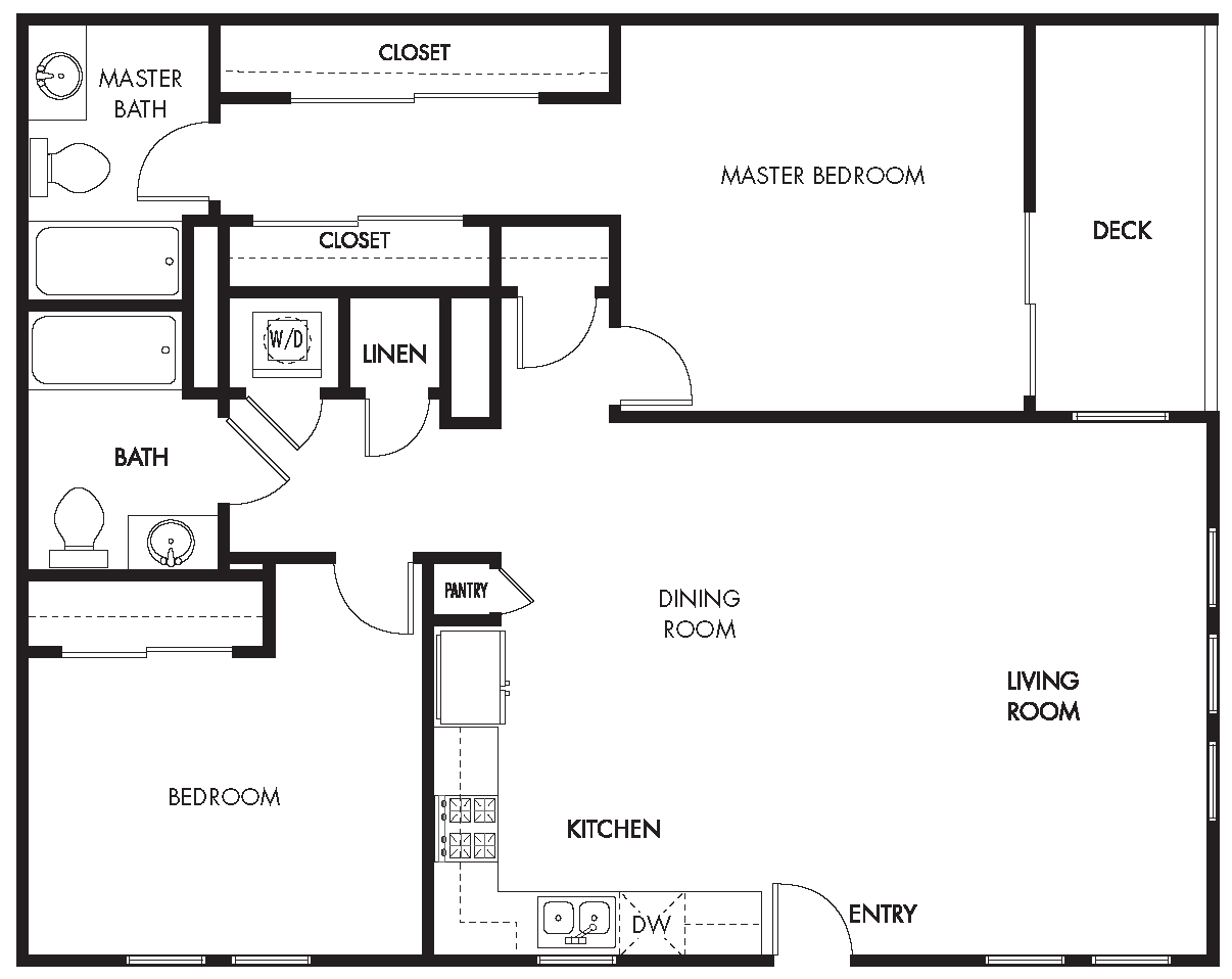 YOLO West two bed two bath floor plan with deck