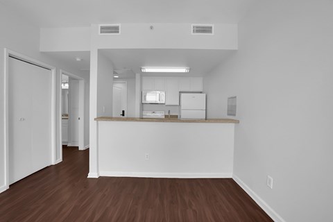 A white kitchen with wood floors and white walls.