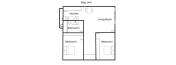 A floor plan of a residential unit showing a kitchen, living room, two bathrooms, and two bedrooms.