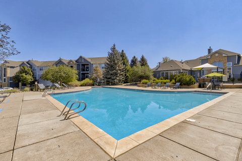 A swimming pool surrounded by a concrete patio and residential houses.