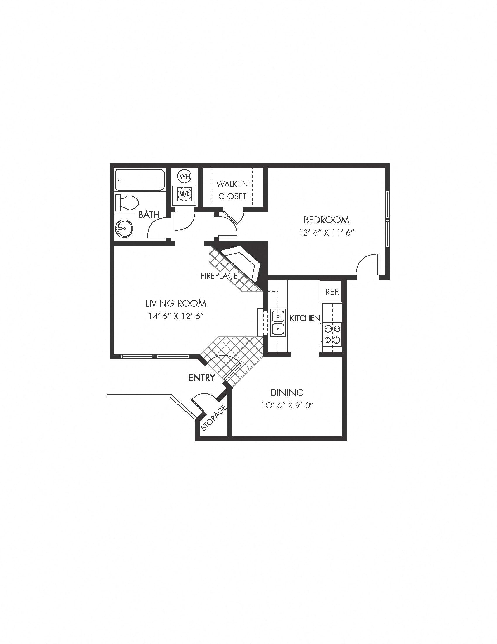 Sevilla Apartments 1 bedroom 1 bathroom floor plan