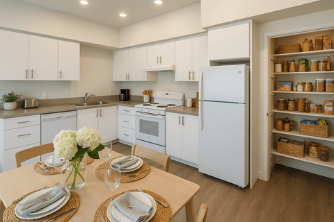 A kitchen with white cabinets and a white refrigerator with a pantry on the side.