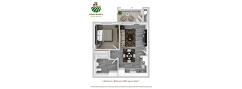 A floor plan of a 1 bedroom 1 bathroom apartment from Somis Ranch Apartments.