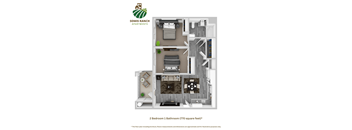 A floor plan of a 2 bedroom 1 bathroom apartment at Somis Ranch Apartments.