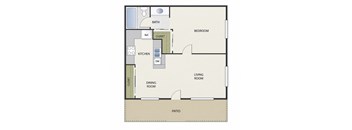 Spring Villas floor plan of a 1x1 with a kitchen, living room, dining room, bedroom, bathroom, and patio.