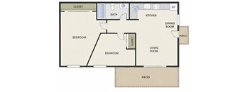 Spring Villas floor plan of 2x1 with a patio, living room, kitchen, two bedrooms and one bathroom.