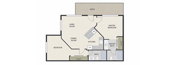 Spring Villas floor plan of a 2x2 with a living room, dining room, kitchen, two bedrooms, a master bedroom, a master bath, and a closet.