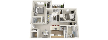 A 3D floor plan of a small apartment with a kitchen, living room, and bedroom.