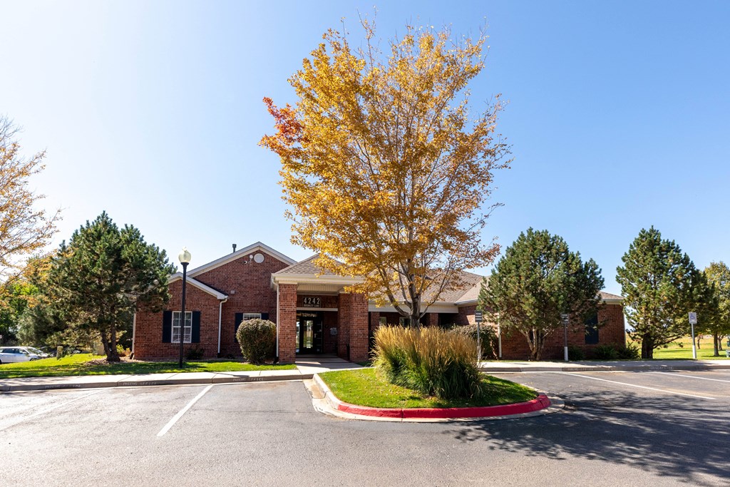 A tree with yellow leaves is in front of a brick building.