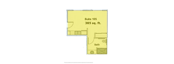 A floor plan for Suite 105, which is 385 square feet, shows a bathroom located on one side.