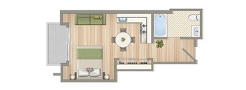 A floor plan of a house with a kitchen, living room, dining room, and bathroom.