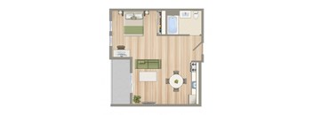 A floor plan of a small apartment with a kitchen, living room, and bathroom.