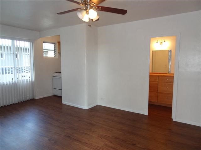 Moana Vista Studio Living Area with bathroom and ceiling fan