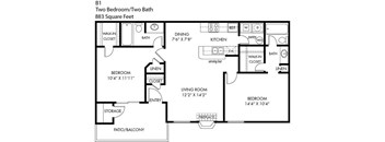 Trails of Walnut Creek 2 Bedroom 2 Bathroom B-1 Floorplan