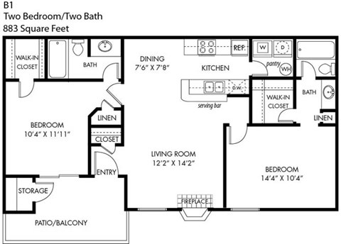 Trails of Walnut Creek 2 Bedroom 2 Bathroom B-1 Floorplan
