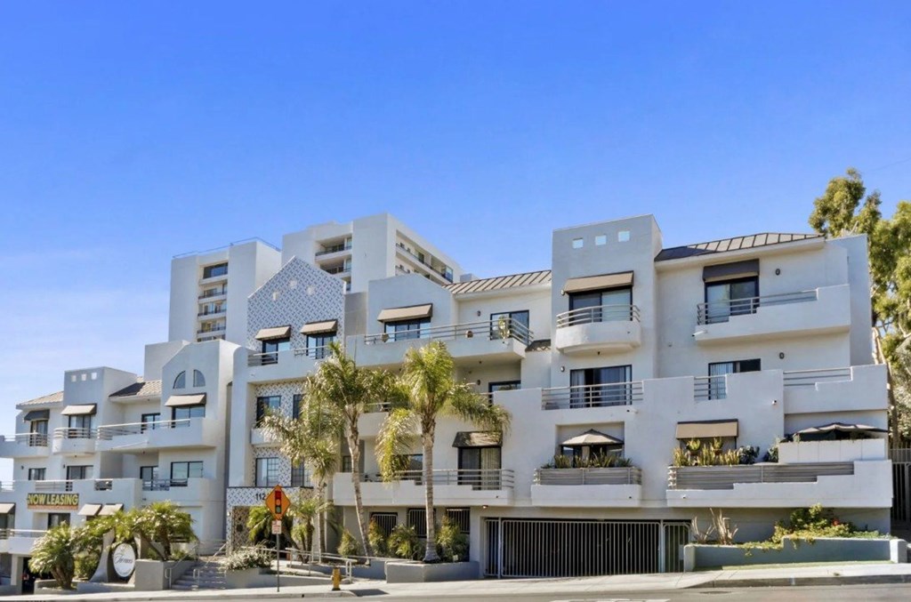 A modern multi-story residential building with balconies and surrounded by palm trees.