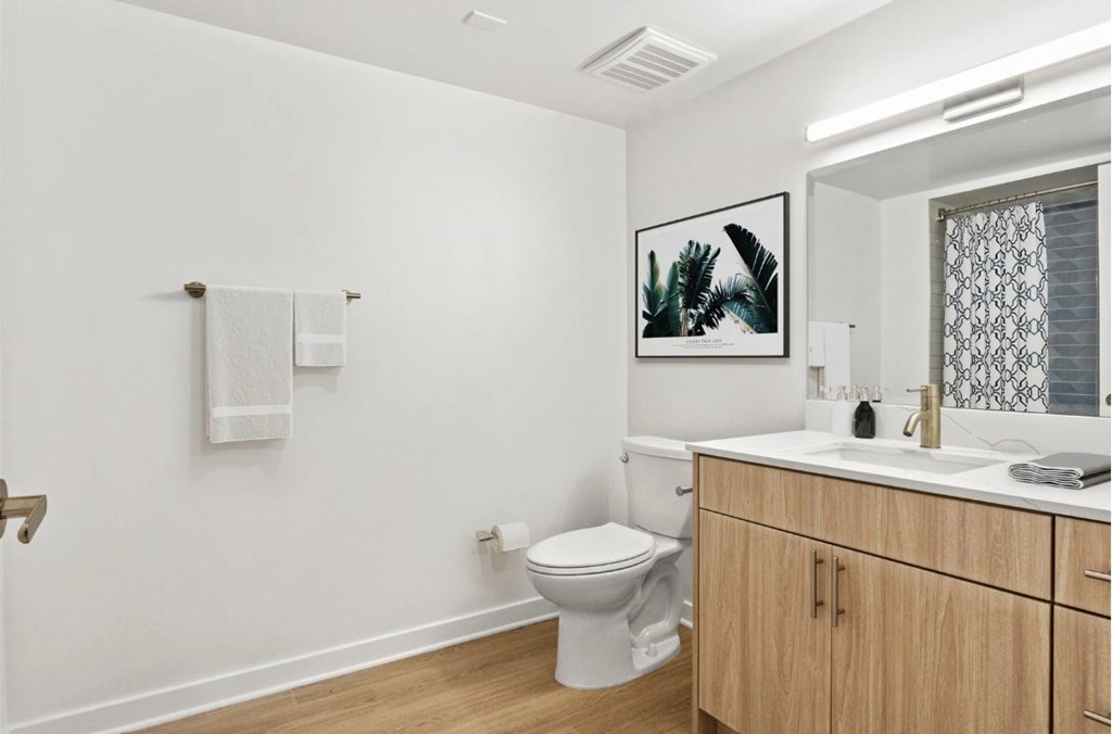 A bathroom with a toilet, sink, and a picture on the wall.