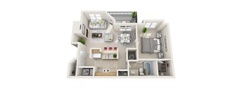 A 3D floor plan of a house with labeled rooms.