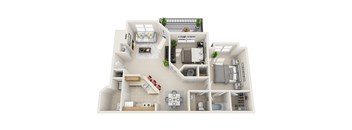 A 3D floor plan of a house with multiple rooms and furniture.
