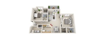 A 3D floor plan of a house with multiple rooms and furniture.