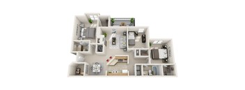 A 3D floor plan of a house with multiple rooms and furniture.