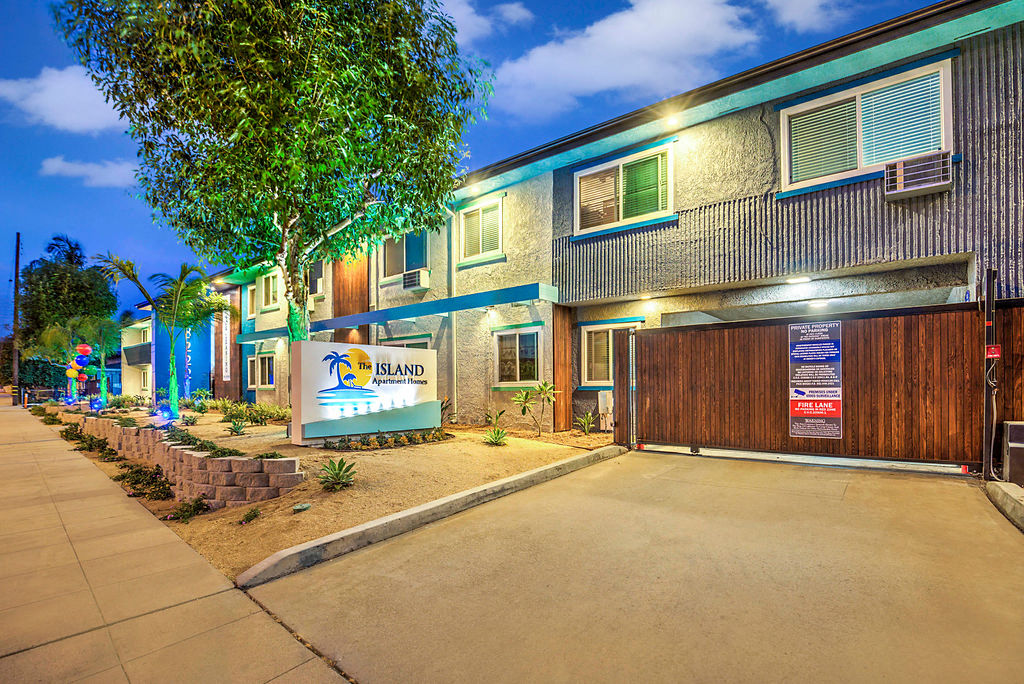 The Island Apartments exterior building garage