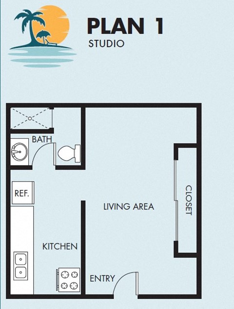 The Island Apartments studio 1 bathroom floorplan 1