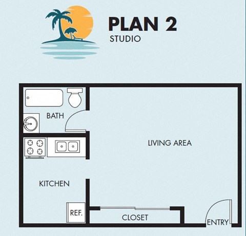 The Island Apartments studio 1 bathroom floorplan 2