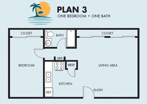 The Island Apartments 1 bedroom 1 bathroom floorplan