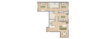A floor plan of a house with a kitchen, living room, and two bedrooms.