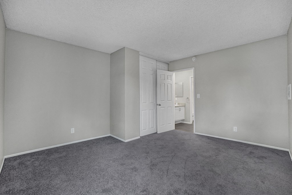 a bedroom with gray walls and carpet