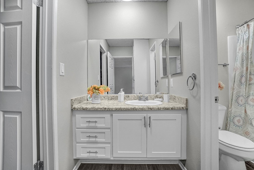 a bathroom with a sink and a toilet in a 555 waverly unit