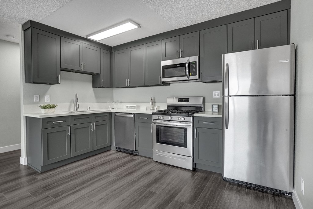 a kitchen with gray cabinets and stainless steel appliances