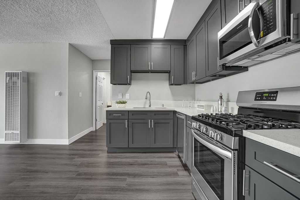 a kitchen with gray cabinets and stainless steel appliances