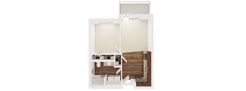 A white room with a bed and a desk.