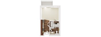 A white and wood floor plan of a small apartment.