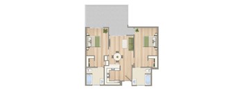 A floor plan of a house with a central open space and rooms surrounding it.