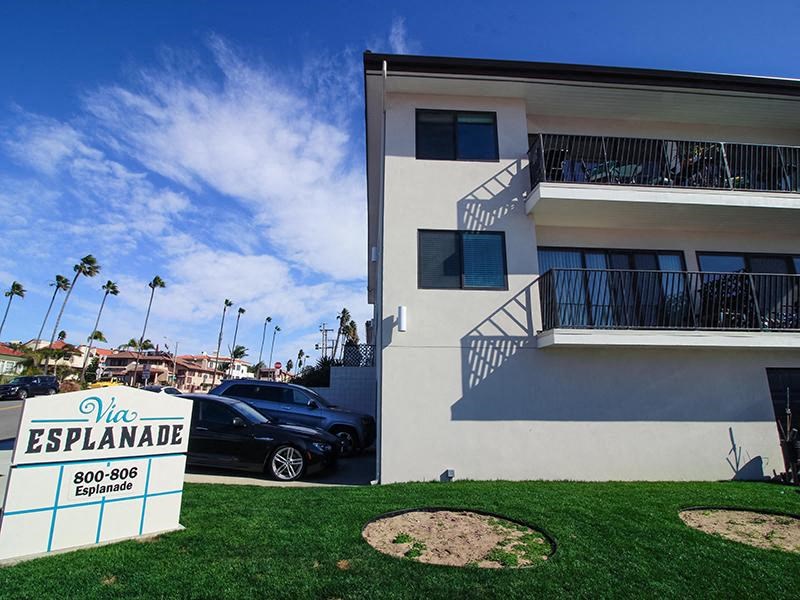 Via Esplanade Apartments Redondo Beach Exterior View of Sign and Balconies.