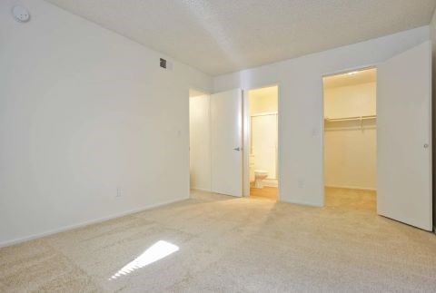 A large empty room with a carpet on the floor and a door on the left.