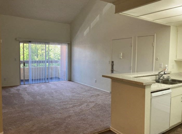 A kitchen area with a sink, dishwasher, and a window with blinds.