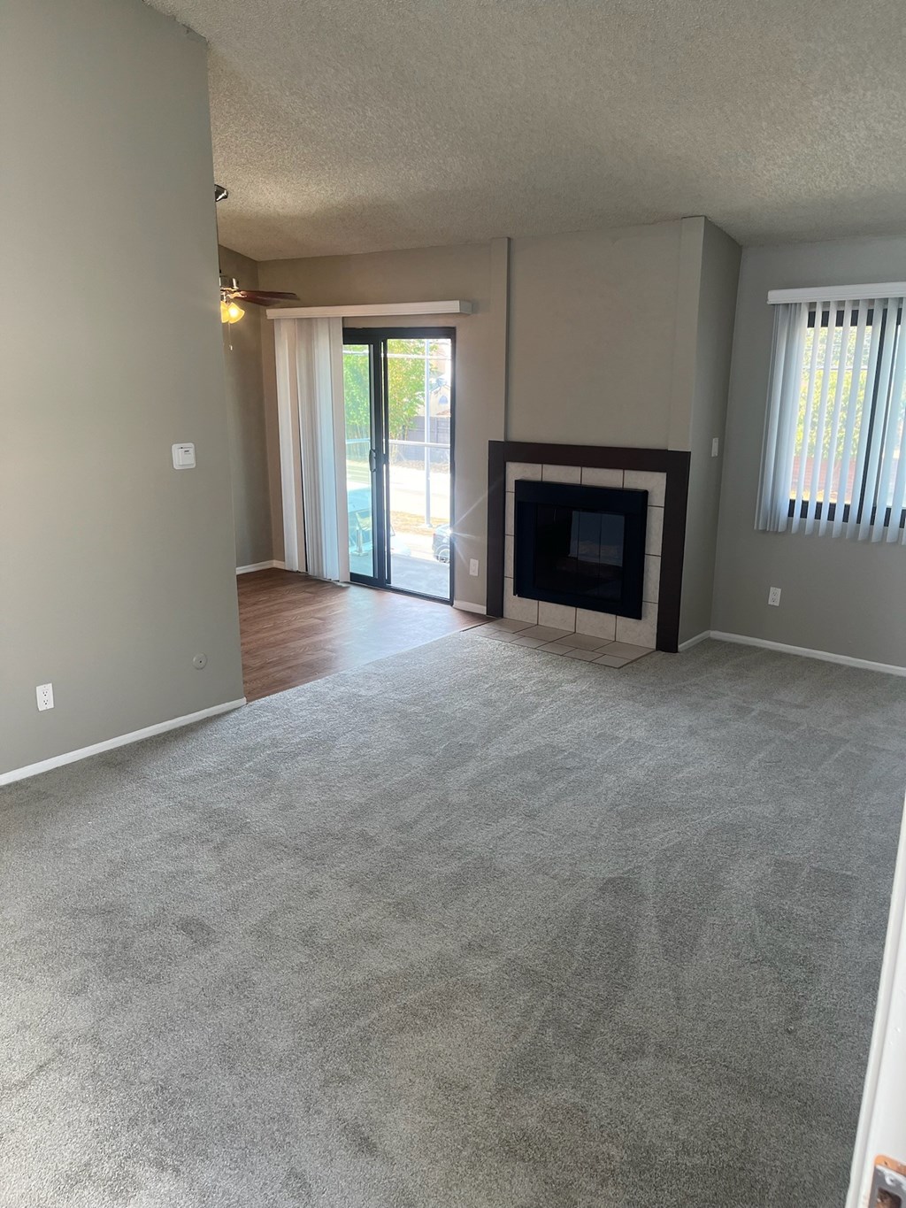 A living room with a fireplace and sliding glass doors.