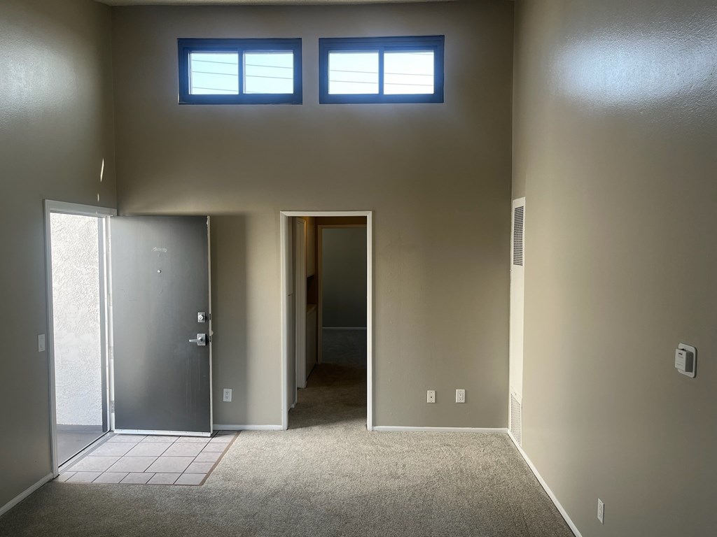 A room with a carpeted floor, two doors, and two windows.