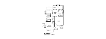 A floor plan of a 2 bedroom apartment with a bath.