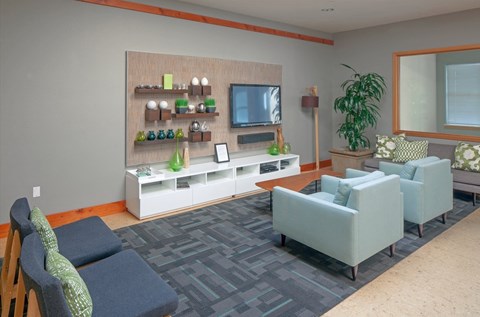 A living room with a grey sofa and a wooden chair.