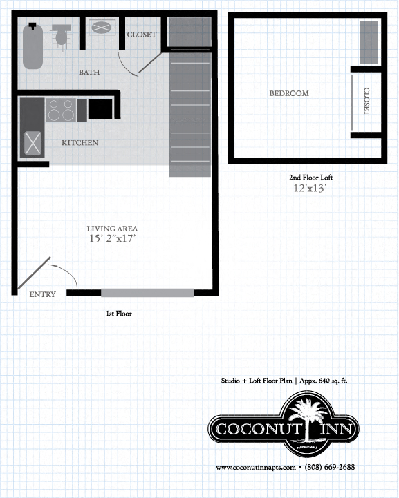 Coconut Inn studio with loft floor plan